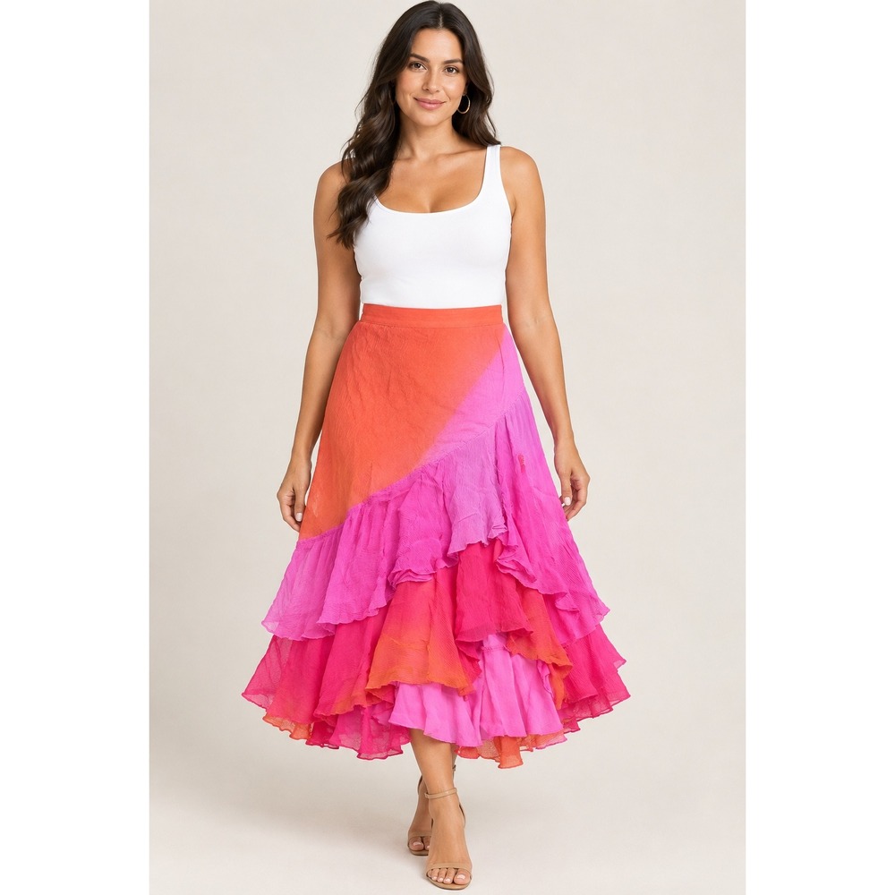 Lauren Ralph Lauren Silk Ombre Ruffle Skirt Pink Orange Tiered Size 12